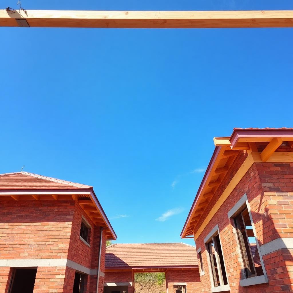 Brick house under construction with new roof trusses
